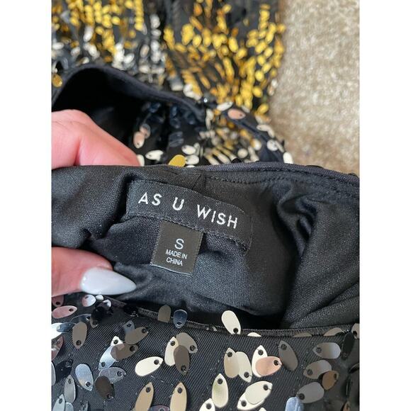 As U Wish women sequin mini dress bodycon black/gold/silver stretch SZ SM Sexy - Picture 6 of 10